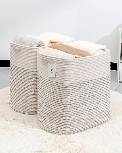 Cloth Large Blanket Basket,Storage Basket Bins Rectangle Small Woven Baskets for Storage, Nursery Cotton Rope Basket Living Room, Toy Basket For Organizing, Clothes Laundry Baskets set of 2 - LeafyLoom