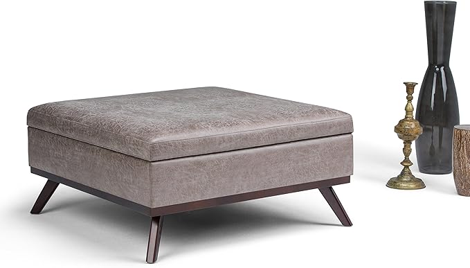 SIMPLIHOME Owen 36 Inch Wide Mid Century Modern Square Coffee Table Lift Top Storage Ottoman in Upholstered Distressed Grey Taupe Faux Leather, For the Living Room - LeafyLoom