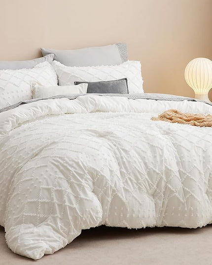 Bedsure Twin/Twin XL Comforter Set - Ivory Boho Twin Extra Long Comforter Set for College, Shabby Chic Dorm Bedding Set, 2 Pieces Modern Farmhouse Bed Set, includes 1 Pillow Sham - LeafyLoom
