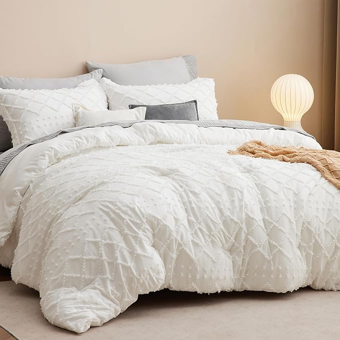 Bedsure Twin/Twin XL Comforter Set - Ivory Boho Twin Extra Long Comforter Set for College, Shabby Chic Dorm Bedding Set, 2 Pieces Modern Farmhouse Bed Set, includes 1 Pillow Sham - LeafyLoom