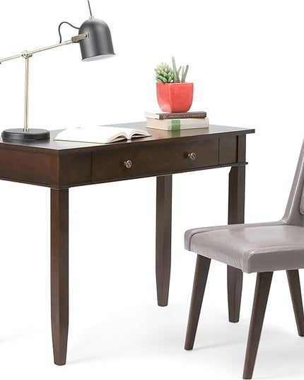 SIMPLIHOME Carlton SOLID WOOD Transitional Modern 42 inch Wide Home Office Desk, Writing Table, Workstation, Study Table Furniture in Dark Tobacco Brown with 1 Drawer - LeafyLoom