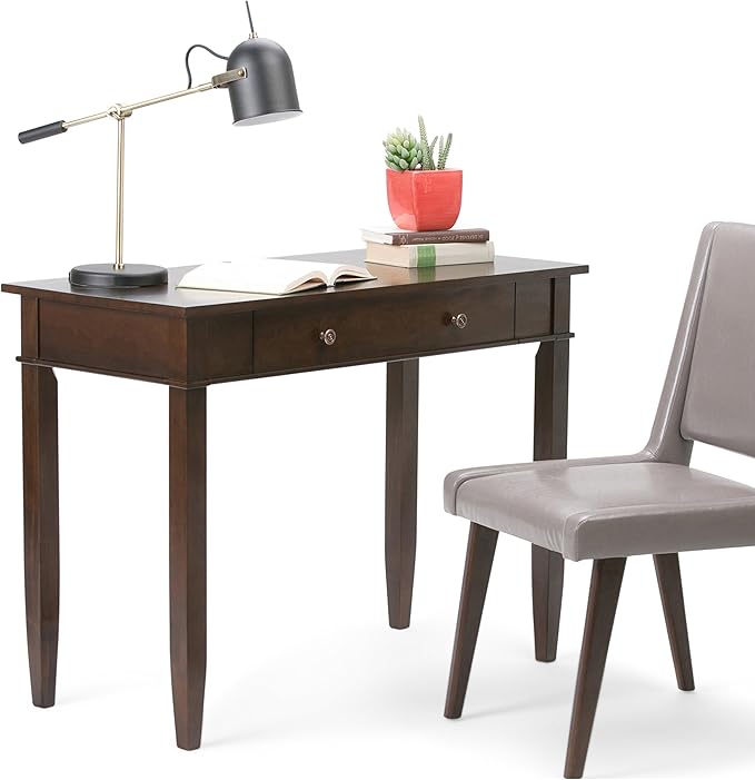 SIMPLIHOME Carlton SOLID WOOD Transitional Modern 42 inch Wide Home Office Desk, Writing Table, Workstation, Study Table Furniture in Dark Tobacco Brown with 1 Drawer - LeafyLoom