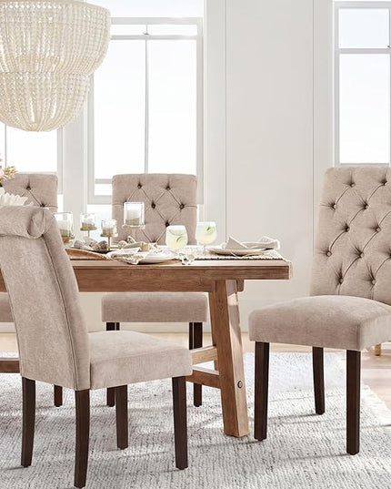 COLAMY Button Tufted Dining Chairs Set of 2, Parsons Upholstered Fabric Dining Room Chairs Kitchen Chairs with Wood Legs and Padded Seat, Taupe - LeafyLoom