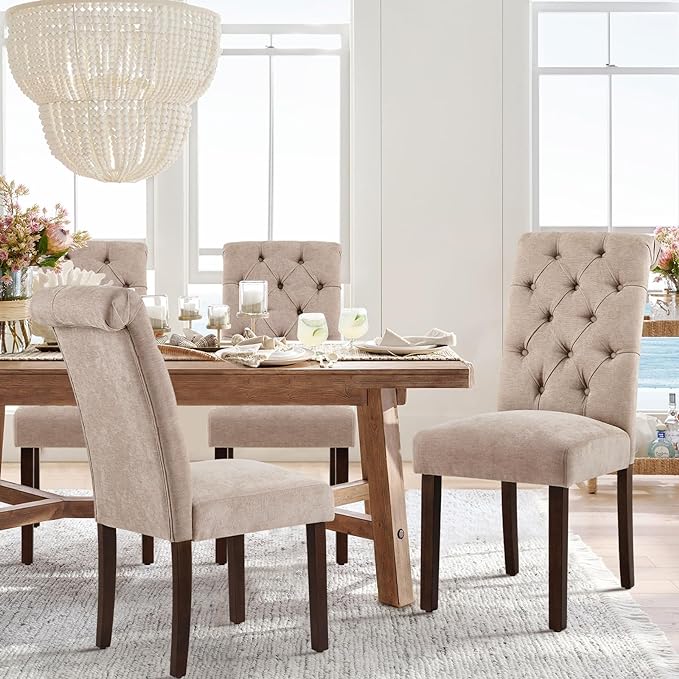 COLAMY Button Tufted Dining Chairs Set of 4, Parsons Upholstered Fabric Dining Room Chairs Kitchen Chairs with Wood Legs and Padded Seat, Taupe - LeafyLoom
