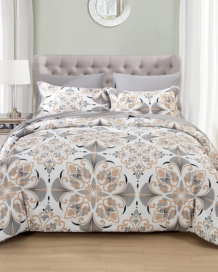 EMME Queen Comforter Set - Grey White Floral Bedding Set 7 PCS with Geometric Flowers Pattern, Soft Plant Printed Botanical Bed Set with Sheets, Fluffy Bed Bag for All Season(90"X90") - LeafyLoom
