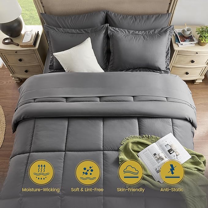 King Size Bed in a Bag 7 Pieces Comforter Set King, Wood Grain Texture Bedding Comforter Set Dark Grey Bed Set with Comforter, Pillowcases, Flat Sheet, Fitted Sheet and Pillow Shams - LeafyLoom