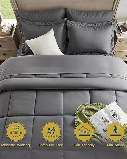 Full Size Bed in a Bag 7 Pieces Comforter Set Full Size, Wood Grain Texture Bedding Set Dark Grey All Season Bed Set with Comforter, Pillowcases, Flat Sheet, Fitted Sheet and Pillow Shams - LeafyLoom