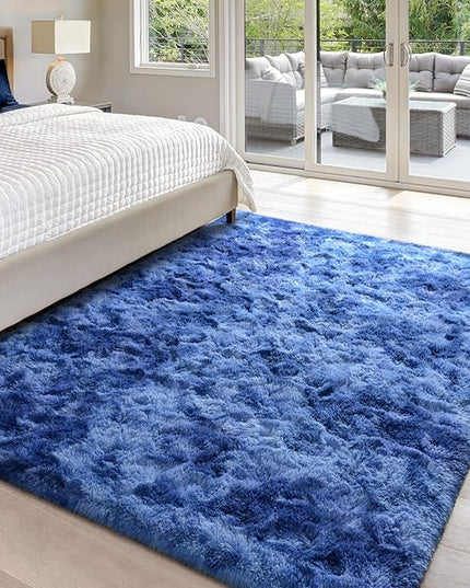 5x8 Large Area Rugs for Living Room, Super Soft Fluffy Modern Bedroom Rug, Tie-Dyed Navy Blue Indoor Shag Fuzzy Carpets for Girls Kids Nursery Room Home Decor - LeafyLoom