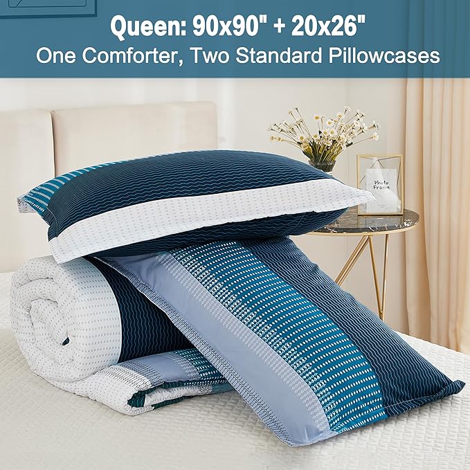 Litanika Navy Blue Comforter Queen Size Set, 3 Pieces Bedding Set, Double Blue White Colorblock Stripe (90x90In Comforter, 2 Pillowcases) - LeafyLoom
