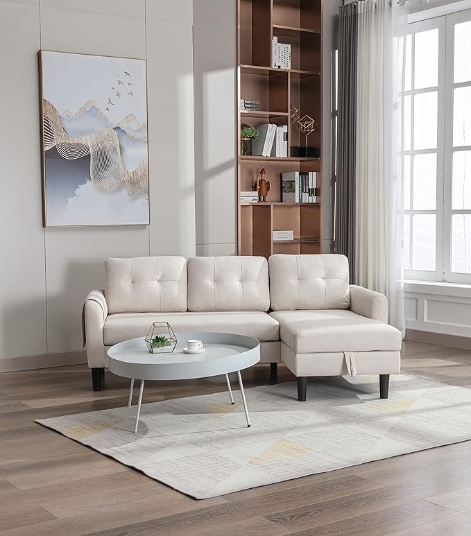 72.44" L-Shaped Reversible Sectional Sofa w/Pull Out Bed & Storage Chaise Lounge,Interior Furniture Comfy Sleeper Corner Couch with 3 Throw Pillows and Pockets,for Dorm,Apartment, Beige-1 - LeafyLoom