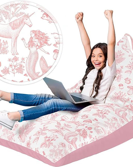 Stuffed Animal Bean Bag Storage - Machine Washable Bean Bag Chair for Kids - Extra Large Cover for Stuffing with Plush Toys, Pillows, Soft Items - Stuffed Animal Holder Girls - Pink Unicorn Mermaid - LeafyLoom