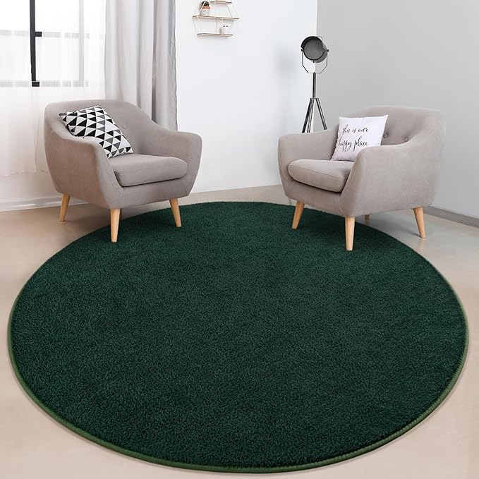 Round Area Rugs for Bedroom Living Room, 5x5 Dark Green Super Soft Comfy Thickened Memory-Foam Indoor Circle Carpet, Modern Aesthetic Minimalist Carpet for Boys Girls Adults Nursery Home Décor - LeafyLoom