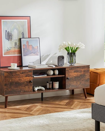 Sweetcrispy TV Stand for 55 60 inch TV, Modern Mid Century Entertainment Center with Storage, Media Console Table 2 Cabinet, Soft Hinge, Handle Door, Wooden Living Room, Office Furniture, Retro Brown - LeafyLoom