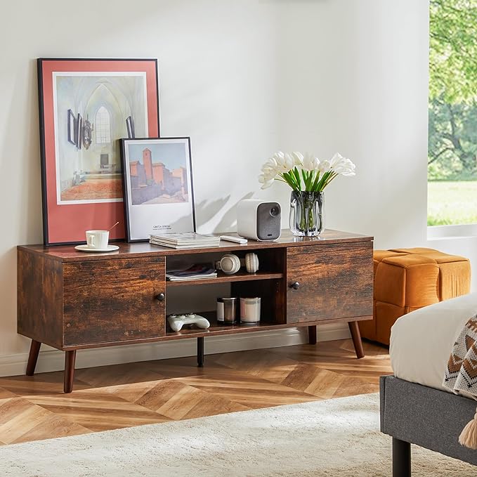 Sweetcrispy TV Stand for 55 60 inch TV, Modern Mid Century Entertainment Center with Storage, Media Console Table 2 Cabinet, Soft Hinge, Handle Door, Wooden Living Room, Office Furniture, Retro Brown - LeafyLoom