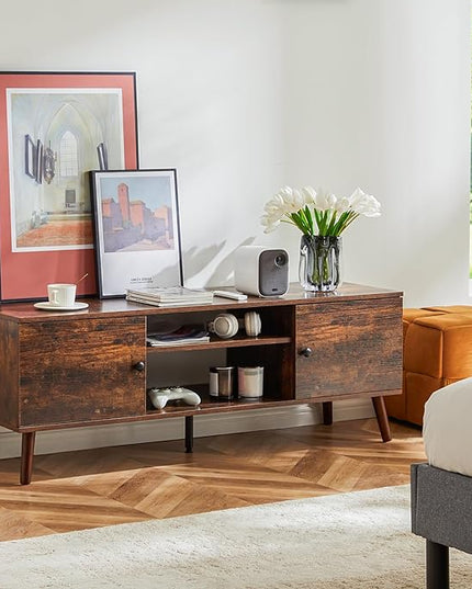 Sweetcrispy TV Stand for 55 60 inch Television, Entertainment Center with Storage, 2 Cabinet Media Console Table, Soft Hinge Door with Handle, Wood Feet, Living Room, Bedroom Furniture, Rustic Brown - LeafyLoom