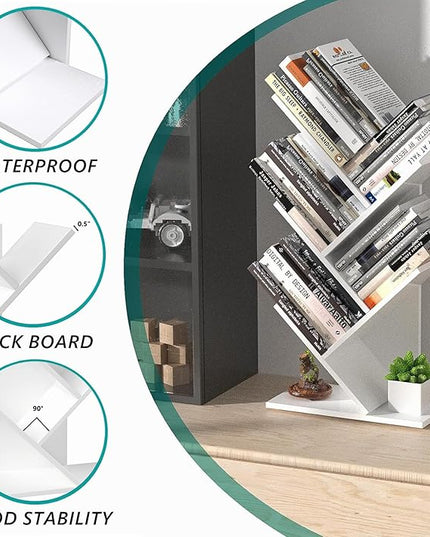 5 Tier Small Tree Bookshelf Desk Book Organizer Narrow Bookcases for Books Magazines CDs Free Standing Retro Wooden Storage Shelves for Home Office Bedroom Living Room White - LeafyLoom