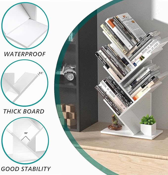 5 Tier Small Tree Bookshelf Desk Book Organizer Narrow Bookcases for Books Magazines CDs Free Standing Retro Wooden Storage Shelves for Home Office Bedroom Living Room White - LeafyLoom