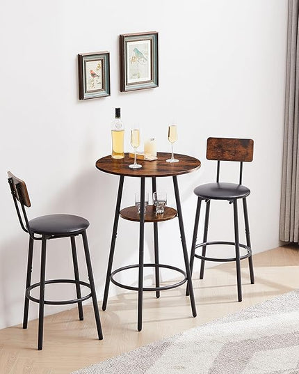 3 Pieces Bistro Table and Chairs Set, Industrial Counter Height Round Bar Table with Storage Shelf, 2 PU Upholstered Seat Stools with Backrest & Footrest, for Kitchen, Bar, Small Space, Rustic Brown - LeafyLoom