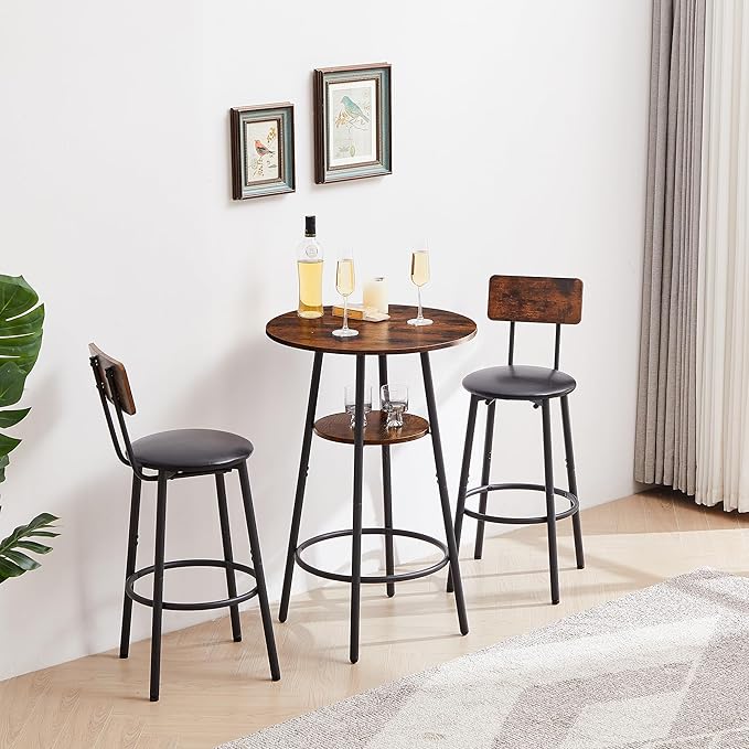 3 Pieces Bistro Table and Chairs Set, Industrial Counter Height Round Bar Table with Storage Shelf, 2 PU Upholstered Seat Stools with Backrest & Footrest, for Kitchen, Bar, Small Space, Rustic Brown - LeafyLoom