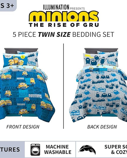 Franco Kids Bedding Super Soft Comforter and Sheet Set with Sham, 5 Piece Twin Size, Minions The Rise Of Gru - LeafyLoom