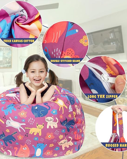 Stuffed Animal Storage Bean Bag Chair Cover, Hold Kids Plush Toys Blankets Towels Beanbag (Cover Only), Canvas Floor Circle Stuff Sit Seat Sofa with YKK Zipper, Large 32", Cat - LeafyLoom