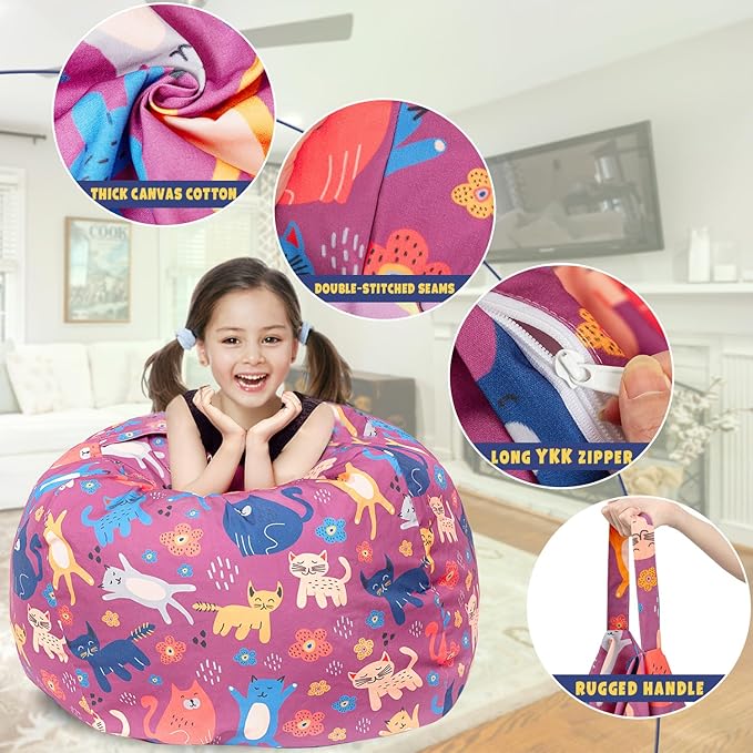 Stuffed Animal Storage Bean Bag Chair Cover, Hold Kids Plush Toys Blankets Towels Beanbag (Cover Only), Canvas Floor Circle Stuff Sit Seat Sofa with YKK Zipper, Extra Large 38", Cat - LeafyLoom