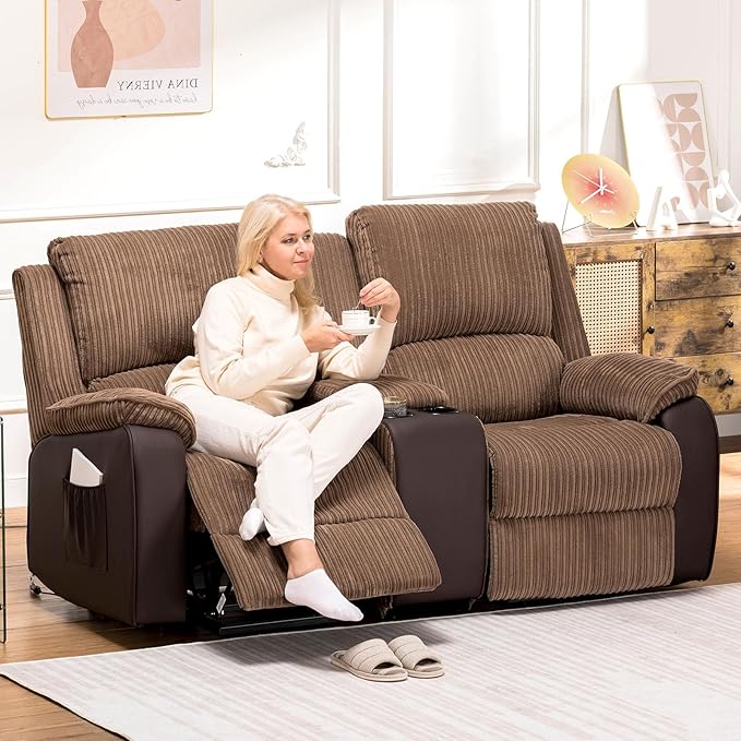 COMHOMA Double Reclining Sofa Chair, Power Lift Recliner Chair Loveseat with Storage Console, Recliner Sofa with Cup Holders Living Room Furniture (2 Seater) - LeafyLoom