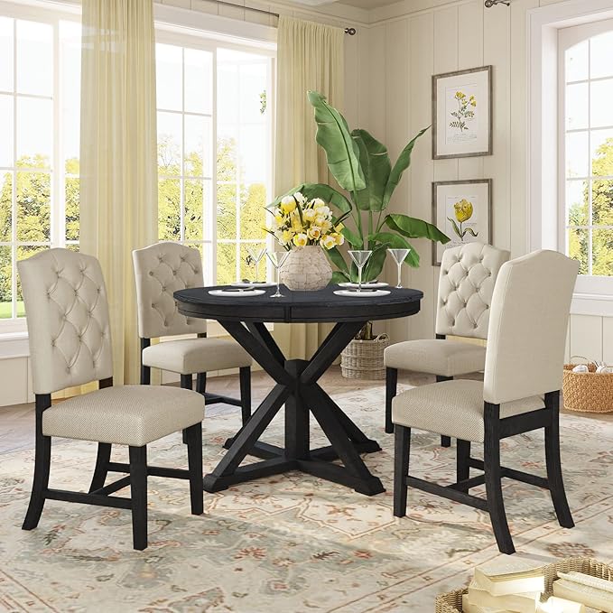 Functional Furniture Retro Style Extendable 4 Upholstered Chairs, Living Room, 5 Piece Dining Table Set, Espresso 24 - LeafyLoom