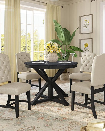 Small Dining Table Set for 4-6, Modern Round Extendable Table and Upholstered Chairs, X-Shaped Cross Base, Button Tufting Backrest, Retro Style Home Furniture for Small Spaces, Living Room - LeafyLoom