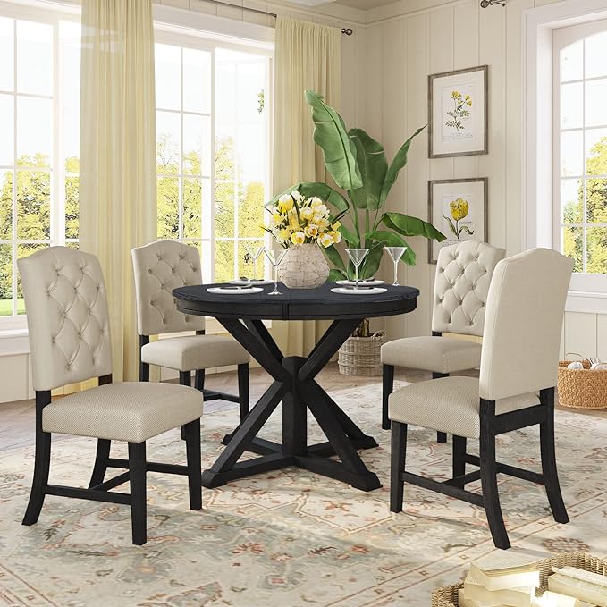 Small Dining Table Set for 4-6, Modern Round Extendable Table and Upholstered Chairs, X-Shaped Cross Base, Button Tufting Backrest, Retro Style Home Furniture for Small Spaces, Living Room - LeafyLoom