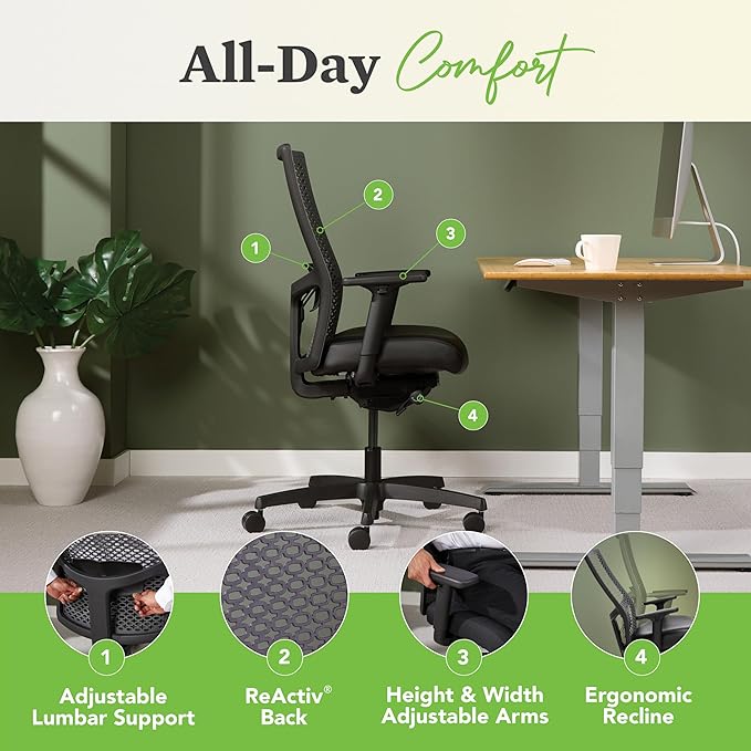 HON Ignition 2.0 ReActiv Office Chair Ergonomic Open Mesh-Style Back for High Airflow & Flex Support - Adjustable Lumbar, Synchro-Tilt Recline, Home Office Computer Desk Chair for Back Pain - Black - LeafyLoom