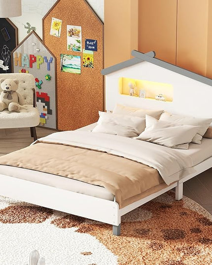 Full Size Bed Frame for Kids,Full Platform Bed with House-Shaped Headboard and Motion Activated Night Lights,Wood Full Kids Bed Frame for Girls,Boys(Full,White) - LeafyLoom