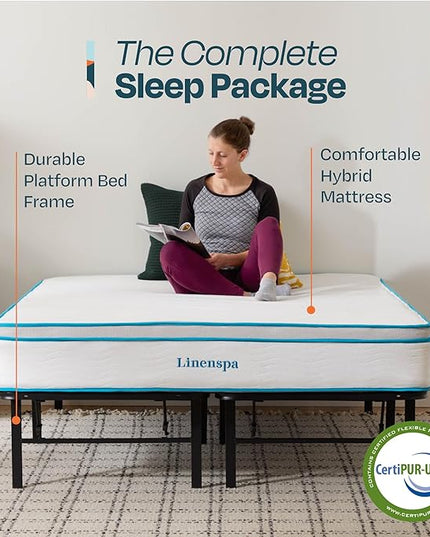 Linenspa 10” Memory Foam and Innerspring Hybrid Mattress + 14” Black Metal Platform Bedframe – Twin Mattress + Metal Folding Twin Bed Frame - LeafyLoom