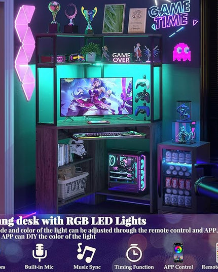 Cyclysio Small Corner Desk with Hutch, Heavy Duty Corner Computer Desk with Power Outlets & LED Light, Triangle Corner Gaming Desk with Keyboard Tray for Home Office, Small Space, Workstation Grey - LeafyLoom
