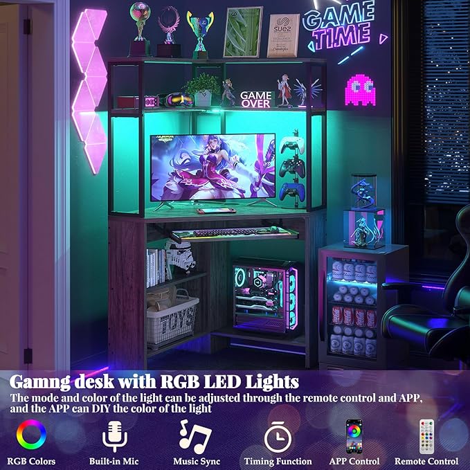 Cyclysio Small Corner Desk with Hutch, Heavy Duty Corner Computer Desk with Power Outlets & LED Light, Triangle Corner Gaming Desk with Keyboard Tray for Home Office, Small Space, Workstation Grey - LeafyLoom