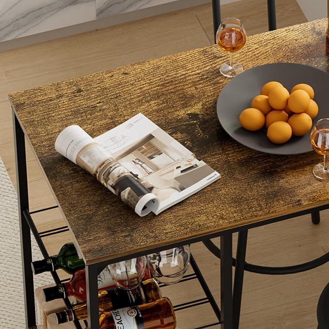 Bar Height Table and Chairs for 2, Compact Dining Table with 2 Tiers Storage Rack, Wine Rack and 2 PU Leather Upholstered Seat Stools, for Kitchen Breakfast, Small Space, Rustic Brown - LeafyLoom