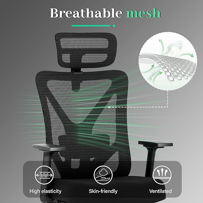 T23 Ergonomic Office Chair,Mesh Computer Desk Chairs with Adjustable Lumbar Support,Headrest,3-D Armrests,Swivel Wheels,Comfortable Home Office Desk Chairs for Long Hours,Rolling Gaming Chair - LeafyLoom