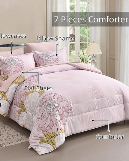 Pink Colorful Comforter Set King Size 7 Piece Floral Bed in a Bag Comforter for All Season Soft Microfiber Bedding Set for Teen Girls Women (103"×90") - LeafyLoom