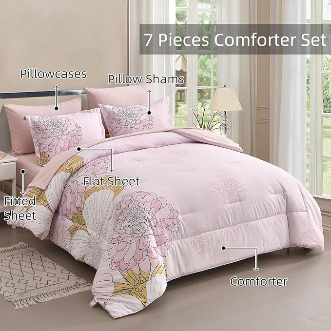 Pink Colorful Comforter Set King Size 7 Piece Floral Bed in a Bag Comforter for All Season Soft Microfiber Bedding Set for Teen Girls Women (103"×90") - LeafyLoom