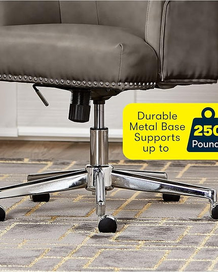 Serta Leighton Modern Office Chair, Stylish Mid-Back Desk Chair, Rivet Detail, Serta Quality Memory Foam, Armchair with Wheels, Vanity Chair, Swivel Chrome Metal Base, Bonded Leather, Gray - LeafyLoom