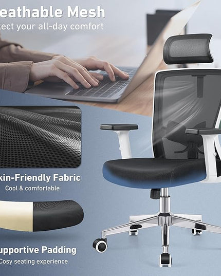 Office Chair, Ergonomic Desk Chair High Back Computer Chair Swivel Mesh Task Chair with Adjustable Lumbar Support Armrests Headrest White - LeafyLoom