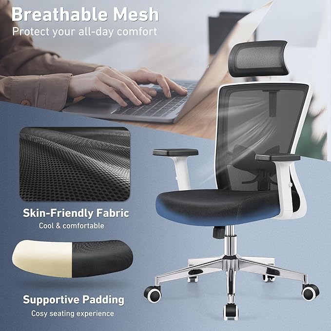 Office Chair, Ergonomic Desk Chair High Back Computer Chair Swivel Mesh Task Chair with Adjustable Lumbar Support Armrests Headrest White - LeafyLoom