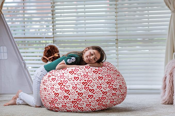 Wekapo Stuffed Animal Storage Bean Bag Chair Cover for Kids | Stuffable Zipper Beanbag for Organizing Children Plush Toys Large Premium Cotton Canvas (Heart, X-Large) - LeafyLoom
