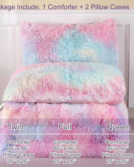 WINLIFE Faux Fur Comforter Set Twin Size for Girls Bedding Plush Shaggy Comforter Sets Gradient Ombre Tie Dye Bed Set Fuzzy Furry Long Hair Fluffy Comforter (3Pcs, Twin, Rainbow) - LeafyLoom