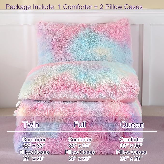 WINLIFE Faux Fur Comforter Set Twin Size for Girls Bedding Plush Shaggy Comforter Sets Gradient Ombre Tie Dye Bed Set Fuzzy Furry Long Hair Fluffy Comforter (3Pcs, Twin, Rainbow) - LeafyLoom