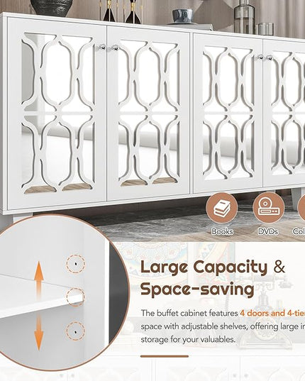 Merax Buffet Cabinet with Adjustable Shelves, 4-door Mirror Hollow-Carved TV stand for Television Up to 65 inches, Multi-functional Console Table with Storage Credenza for Living Room, White - LeafyLoom