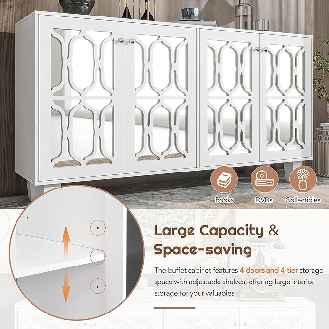 Merax Buffet Cabinet with Adjustable Shelves, 4-door Mirror Hollow-Carved TV stand for Television Up to 65 inches, Multi-functional Console Table with Storage Credenza for Living Room, White - LeafyLoom