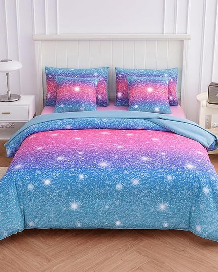 Twin Comforter Set for Girls Galaxy Bedding 7pieces, Ombre Bedding Comforter Sets Rainbow Comforter, Glitter Bedding Twin Teen Comforter Sets for Girls (Blue) - LeafyLoom