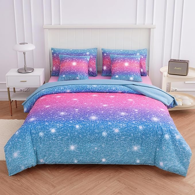 Twin Comforter Set for Girls Galaxy Bedding 7pieces, Ombre Bedding Comforter Sets Rainbow Comforter, Glitter Bedding Twin Teen Comforter Sets for Girls (Blue) - LeafyLoom