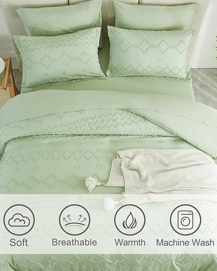 EMME Queen Comforter Set - 7 Pcs Sage Green Boho Bedding Sets, Full Size Tufted Comforter with Sheets, Shabby Chic Embroidery Queen Bed Set Fluffy Bed Bag for All Season(90"X90") - LeafyLoom
